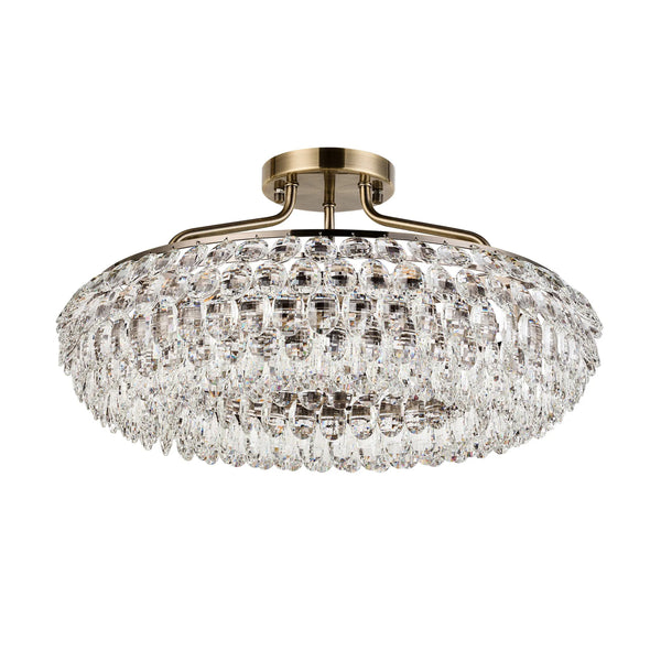 Coniston 6 Light Semi Flush Ring Ceiling Light in Antique Brass & Clear Crystal