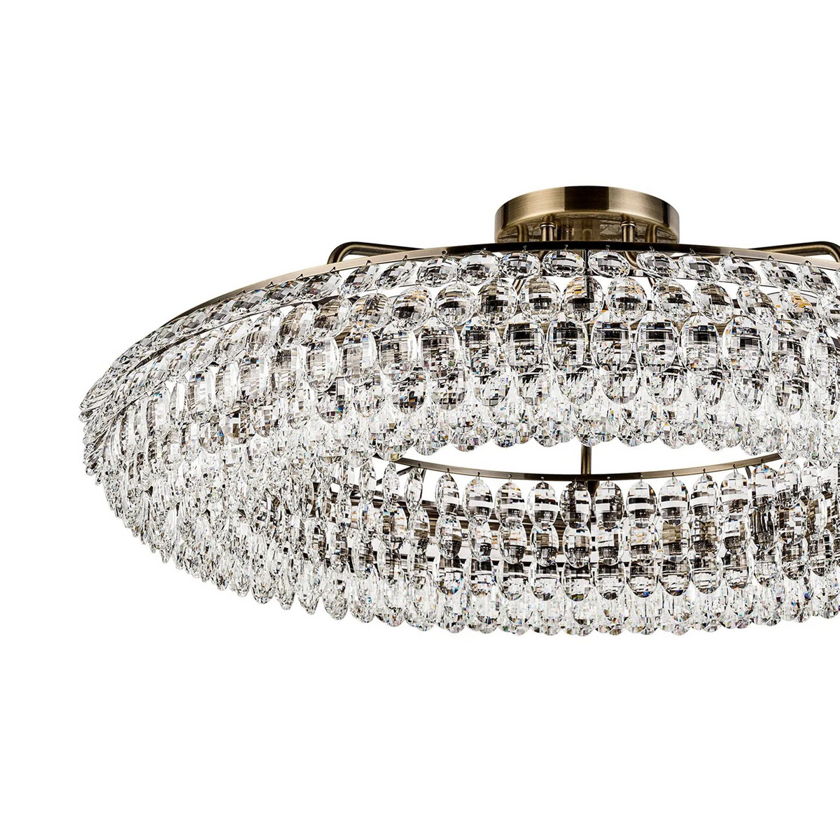 Coniston 15 Light Semi Flush Ring Ceiling Light in Antique Brass & Clear Crystal