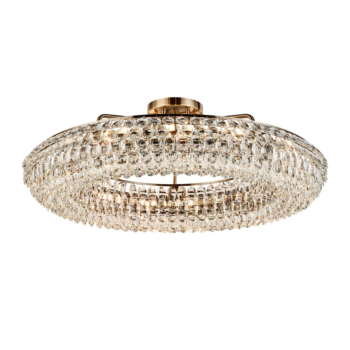 Coniston 15 Light Semi Flush Ring Ceiling Light in Antique Brass & Clear Crystal