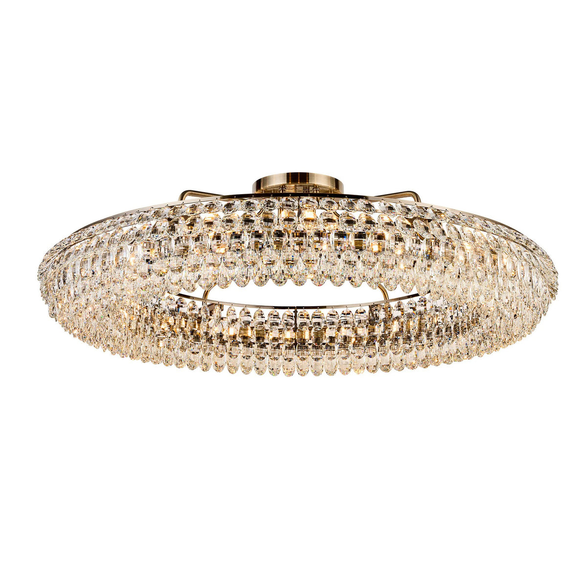 Coniston 18 Light Semi Flush Ring Ceiling Light in Antique Brass & Clear Crystal