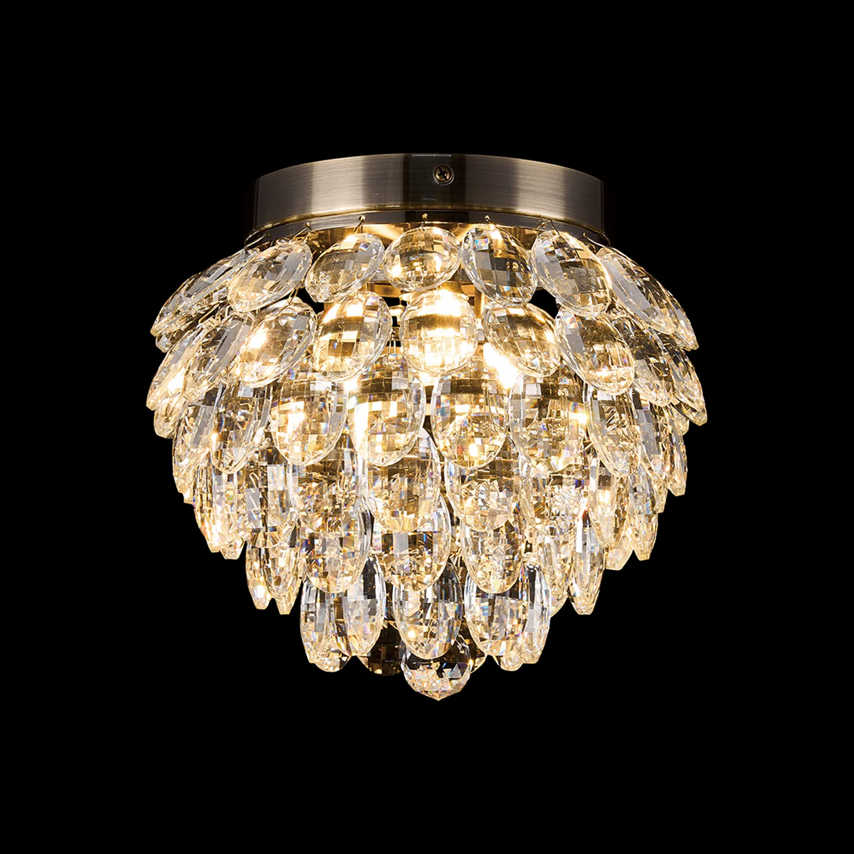 Coniston 3 Light Semi Flush IP44 Bathroom Ceiling Light in Antique Brass & Clear Crystal