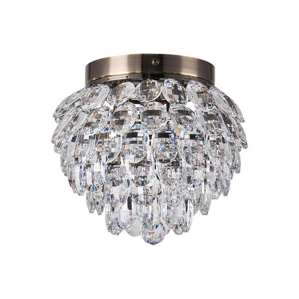 Coniston 3 Light Semi Flush IP44 Bathroom Ceiling Light in Antique Brass & Clear Crystal