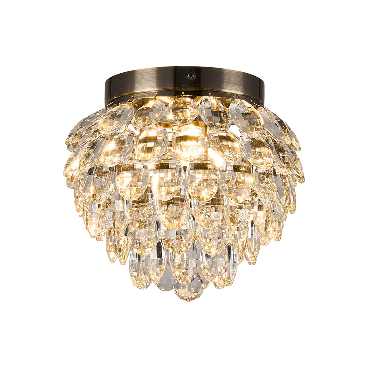 Coniston 3 Light Semi Flush IP44 Bathroom Ceiling Light in Antique Brass & Clear Crystal