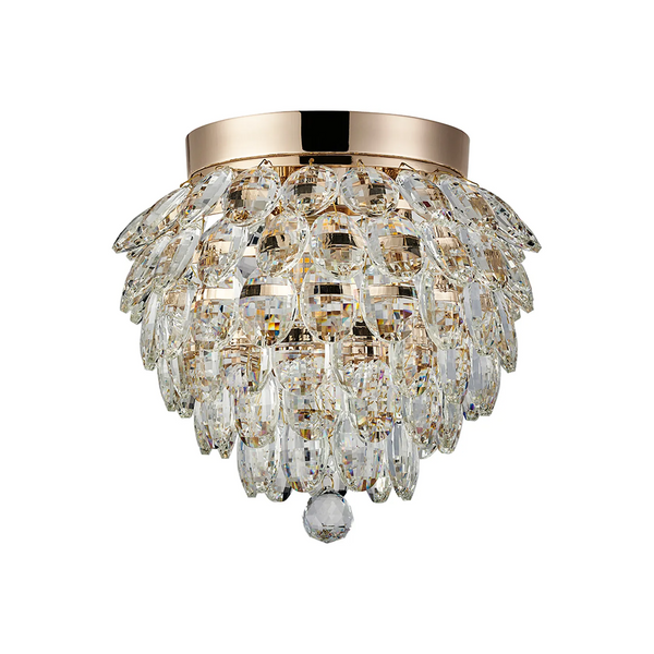 Coniston 3 Light Semi Flush IP44 Bathroom Ceiling Light in French Gold & Clear Crystal