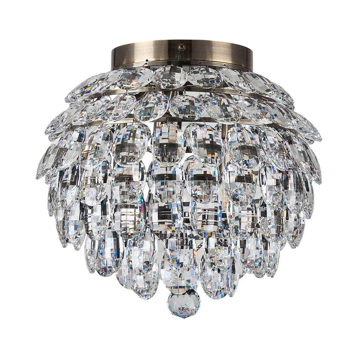 Coniston 5 Light Semi Flush IP44 Bathroom Ceiling Light in Antique Brass & Clear Crystal