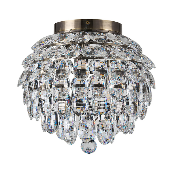Coniston 5 Light Semi Flush IP44 Bathroom Ceiling Light in Antique Brass & Clear Crystal