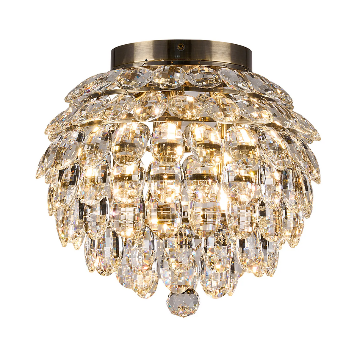 Coniston 5 Light Semi Flush IP44 Bathroom Ceiling Light in Antique Brass & Clear Crystal