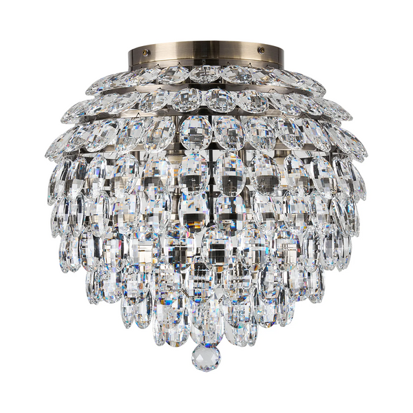 Coniston 8 Light Semi Flush IP44 Bathroom Ceiling Light in Antique Brass & Clear Crystal
