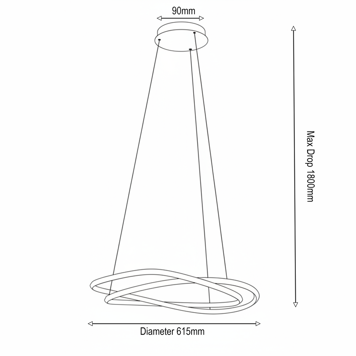 Line drawing of a pendant light with dimensions. Max drop 1800mm, diameter 615mm, ceiling rose 90mm