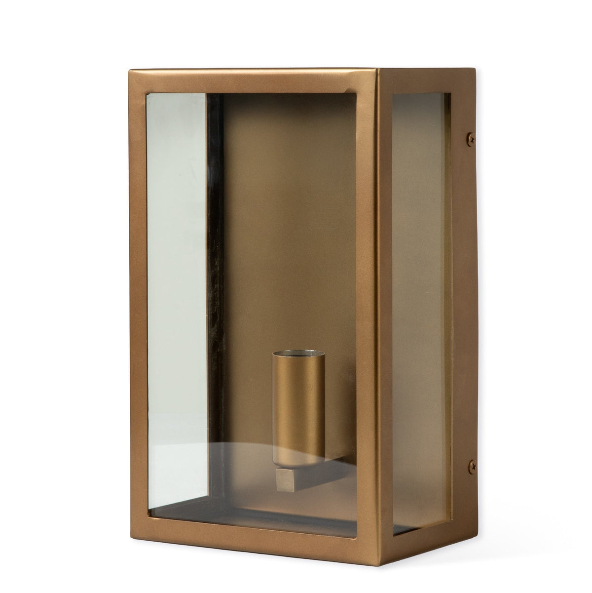 Angled view of the Sandford Outdoor Single Box Lantern in antique brass