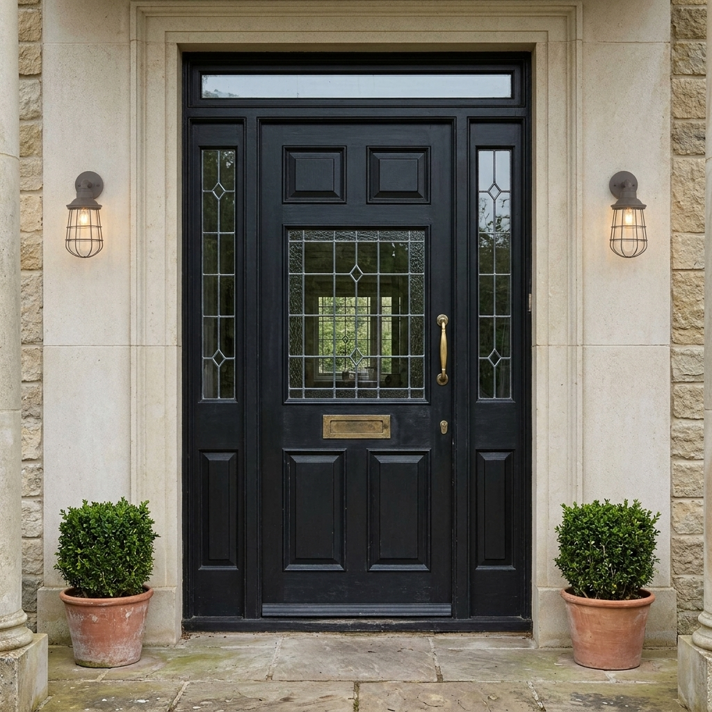Black front door with leaded glass panels flanked by two outdoor cage wall lights and potted shrubs