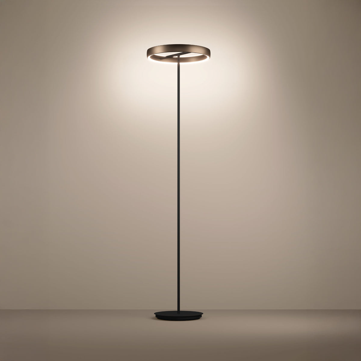 Modern floor lamp with a circular bronze head emitting a warm glow, standing on a dark pole and round base.