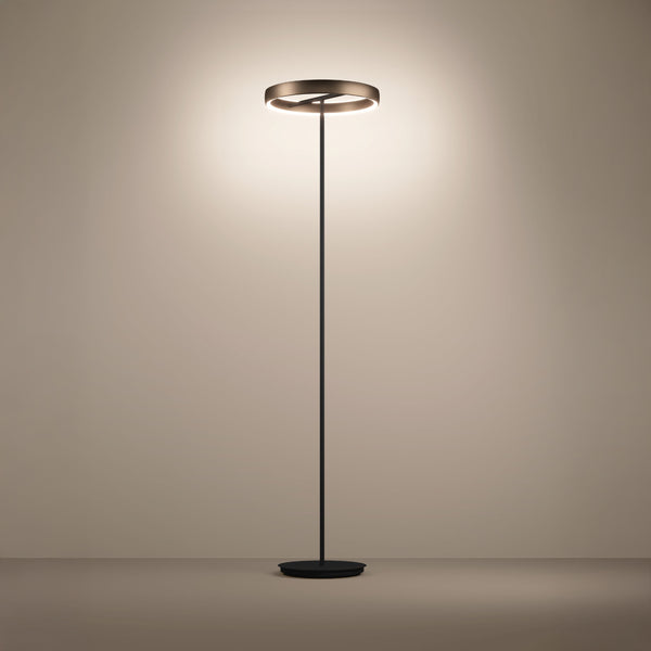Modern floor lamp with a circular bronze head emitting a warm glow, standing on a dark pole and round base.