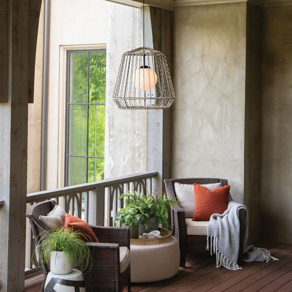 Arlen IP44 Large Pendant in Black and All Weather Rattan
