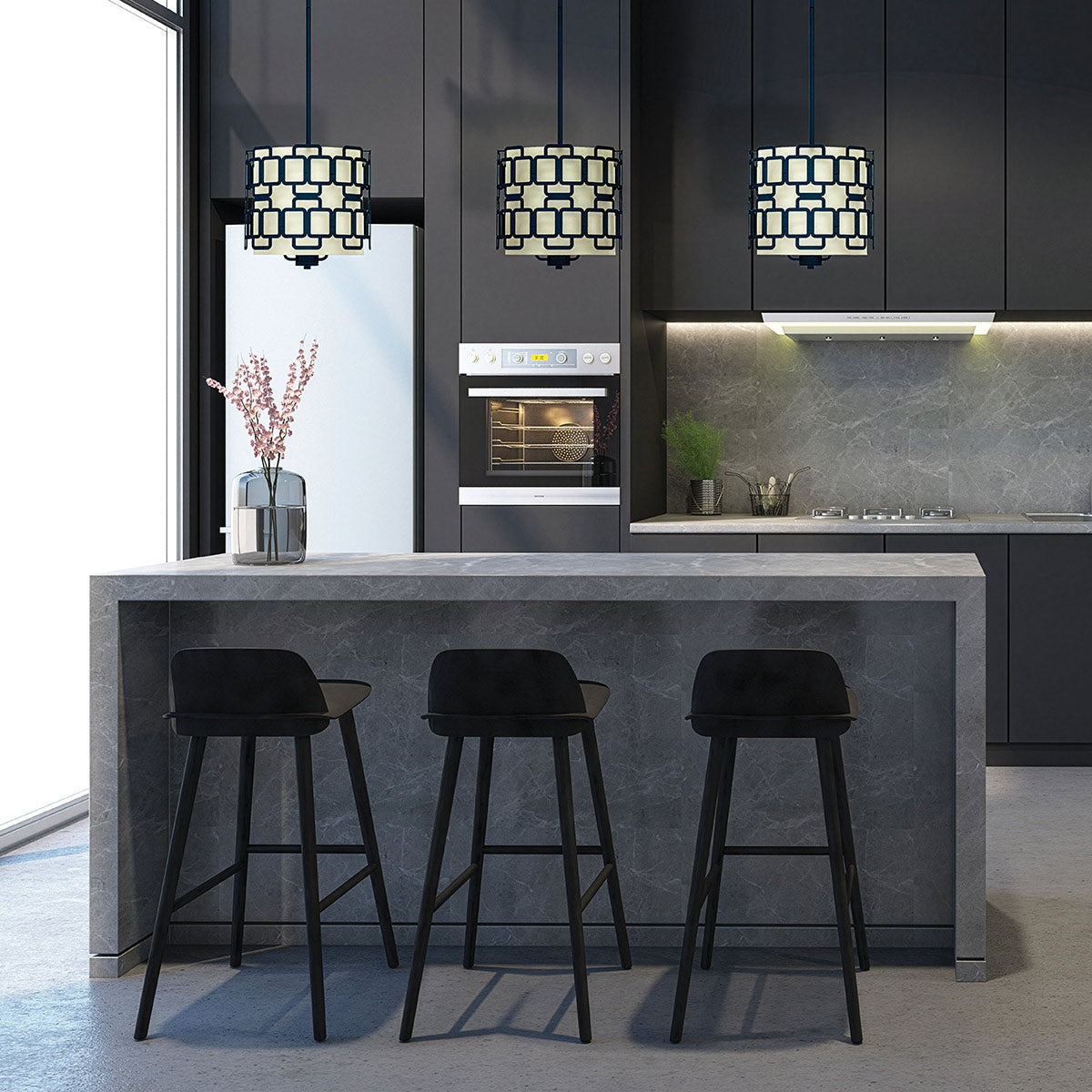 Sabina Single Drop Three Lamp Pendant in Black with Off White Shade