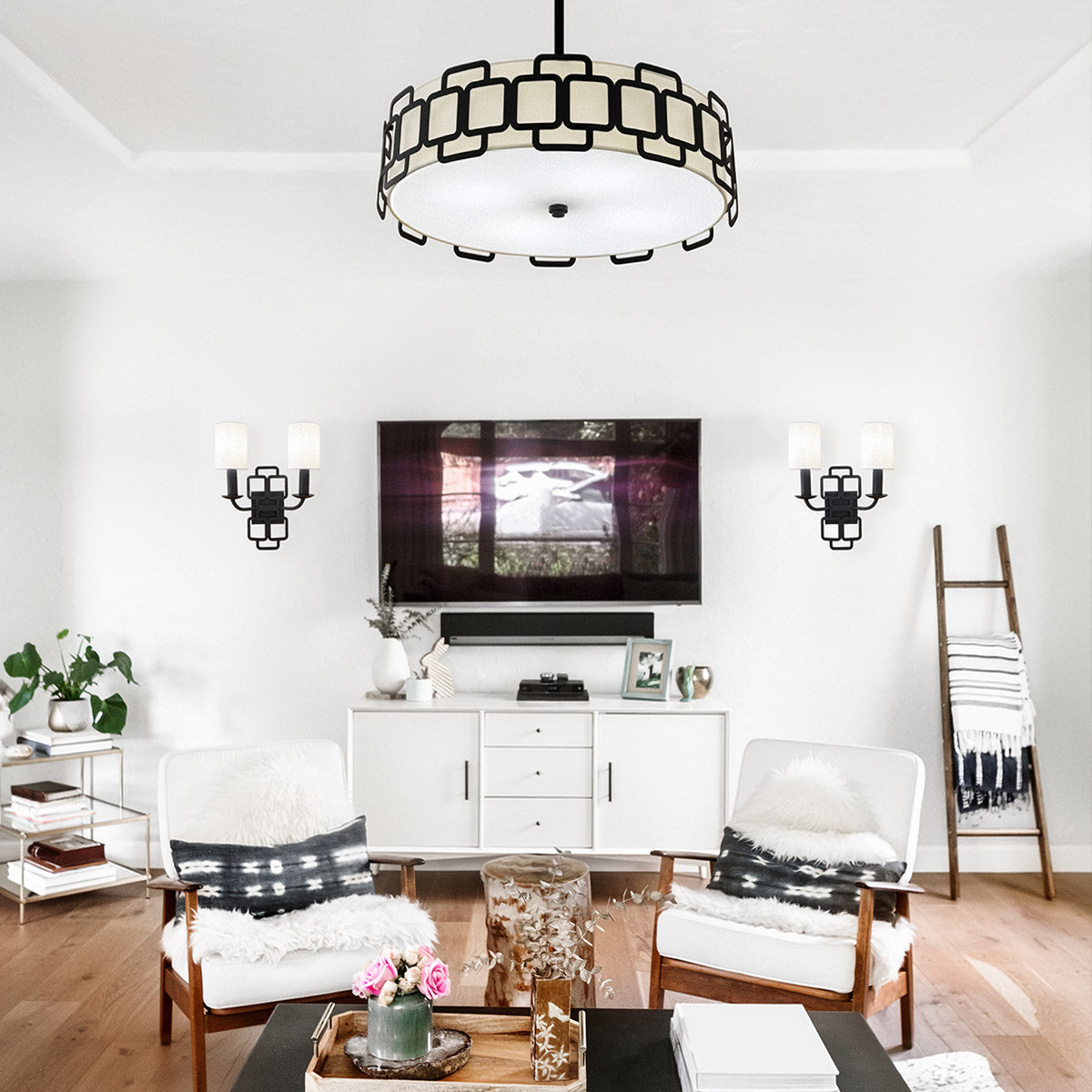 Sabina Single Drop Four Lamp Pendant in Black with Off White Shade