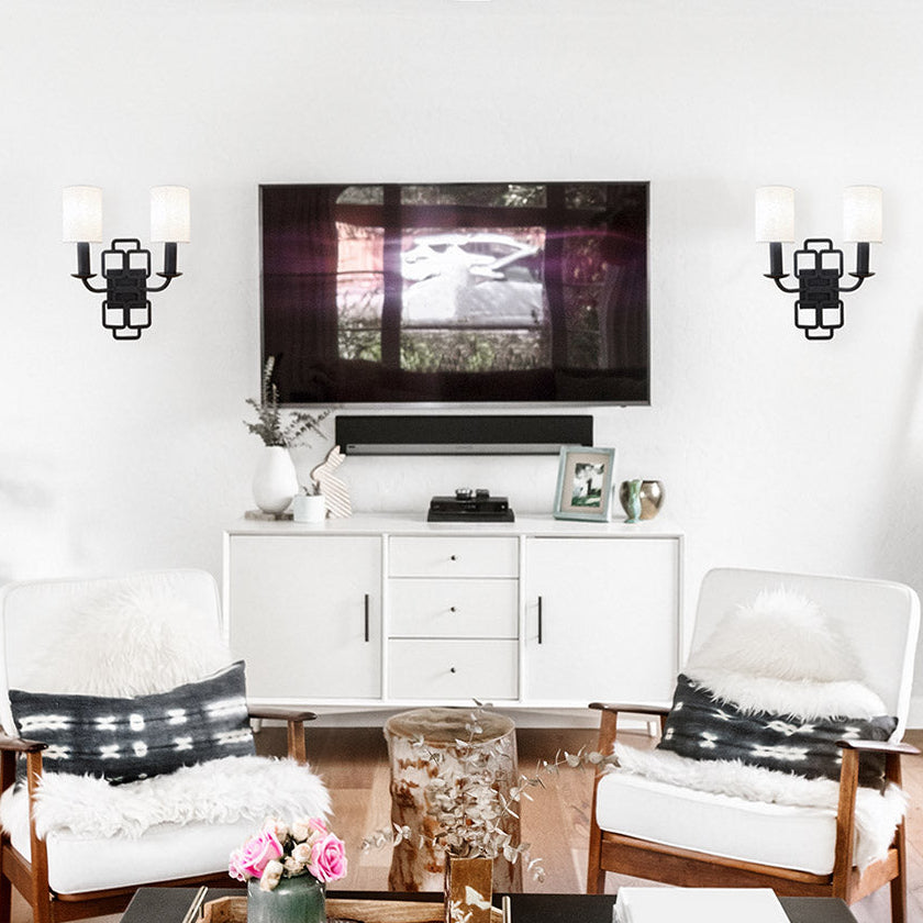 Sabina Twin Arm Wall Light in Black with Off White Shades