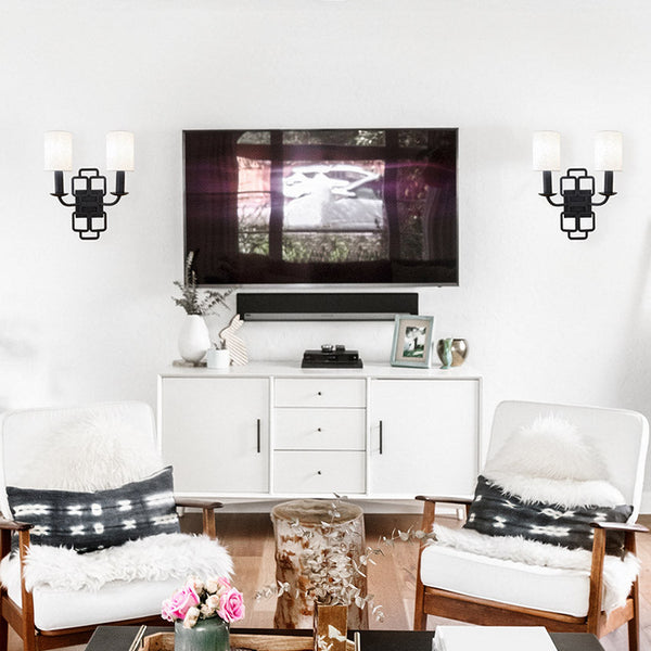 Sabina Twin Arm Wall Light in Black with Off White Shades