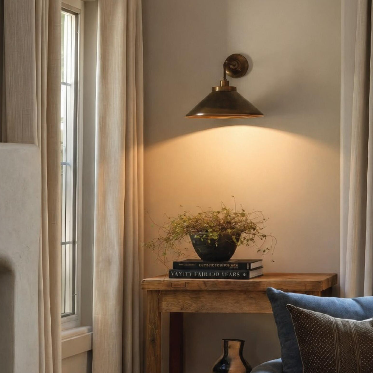 Nerissa IP65 Brass Bathroom Wall Light in Antique Brass and Clear Glass Shade