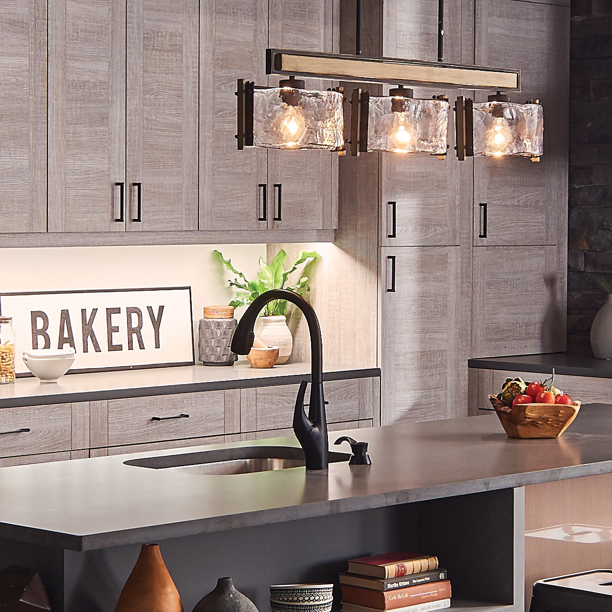 Aberdeen Three Light Island Chandelier in Old Bronze & Distressed Grey Wood Effect