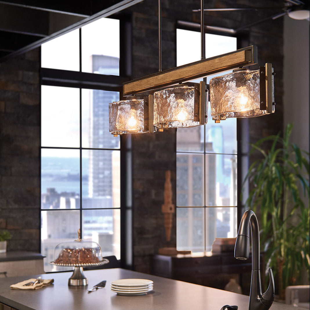 Aberdeen Three Light Island Chandelier in Old Bronze & Distressed Grey Wood Effect