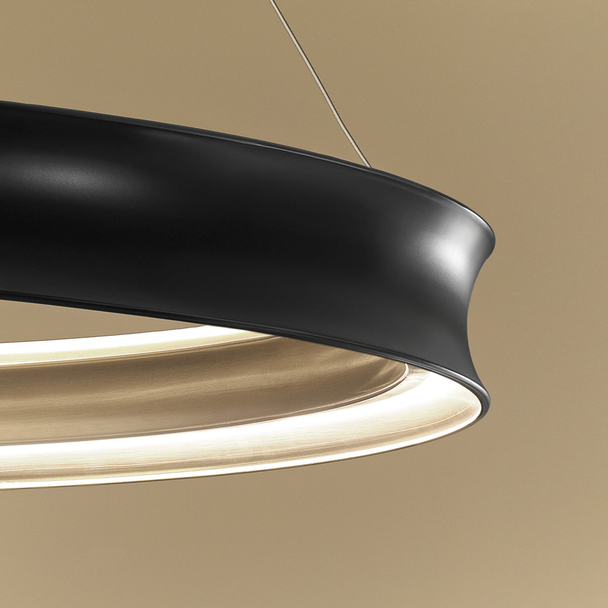 Larousse Large LED Pendant in Black with Champagne Bronze Inner Circle
