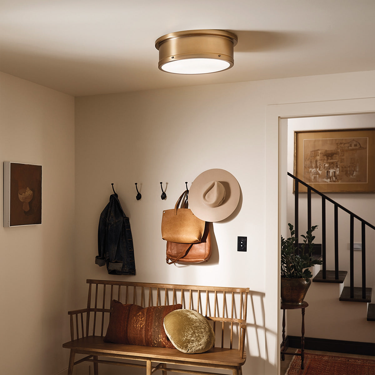 Serca Large Ceiling Light in Brushed Natural Brass with Satin Etched Glass Diffuser
