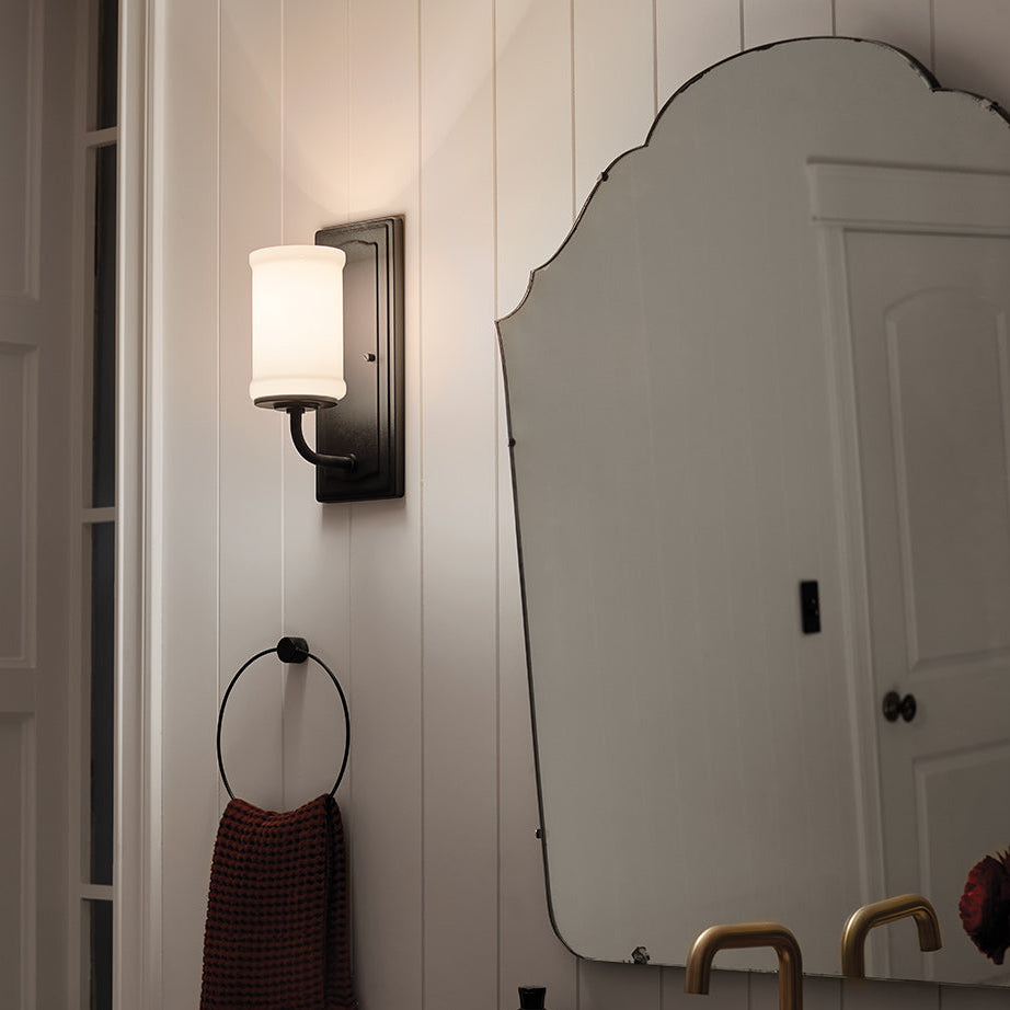 Vetivene IP44 Wall Light in Textured Black with Opal Glass Shade