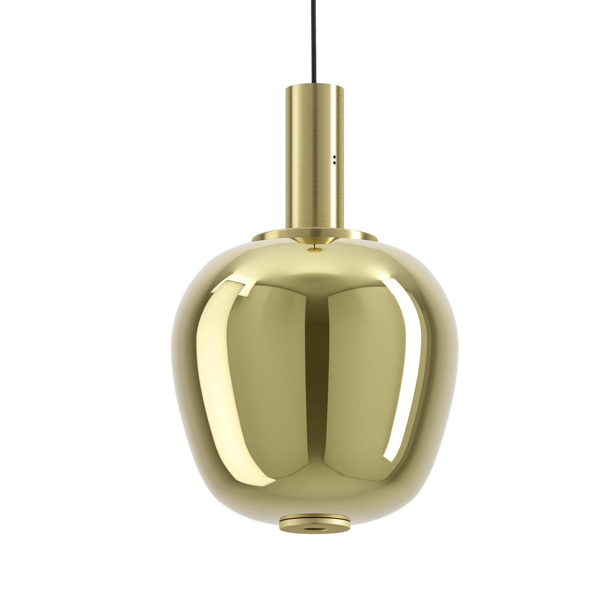 Polished brass pendant light with a cylindrical top and a rounded, apple-shaped body. It hangs from a black cord.
