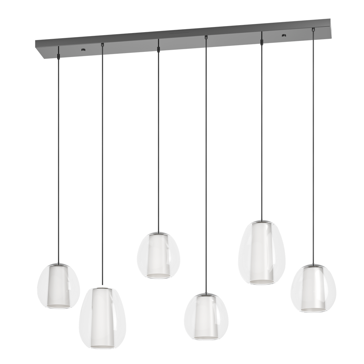 Six pendant lights with clear glass shades and white inner diffusers, suspended from a rectangular grey bar