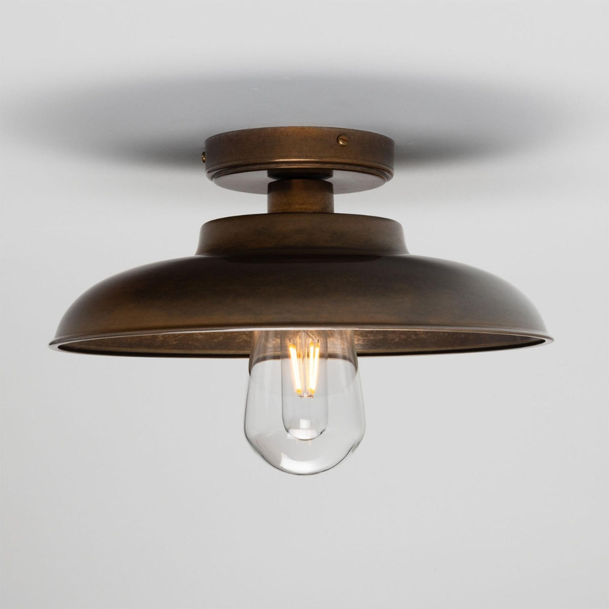Darya 32cm IP65 Industrial Brass Ceiling Light in Antique Brass with Clear Glass