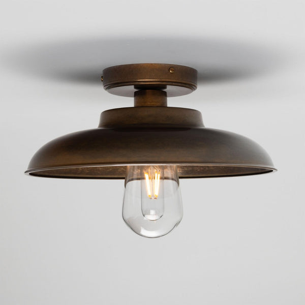 Darya 32cm IP65 Industrial Brass Ceiling Light in Antique Brass with Clear Glass
