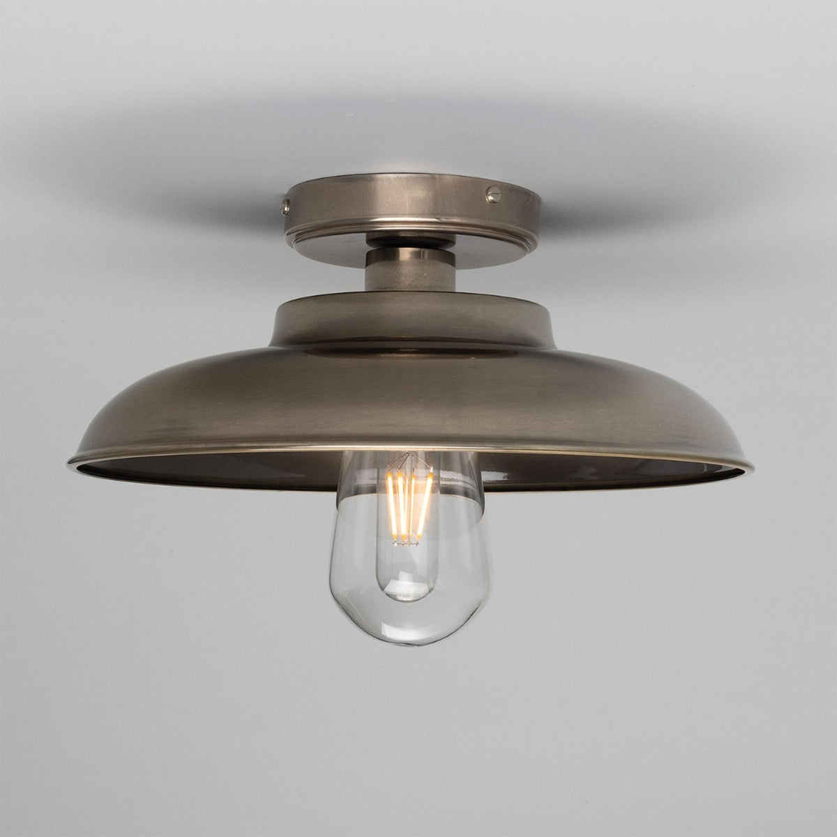 Darya 32cm IP65 Industrial Brass Ceiling Light in Antique Silver with Clear Glass