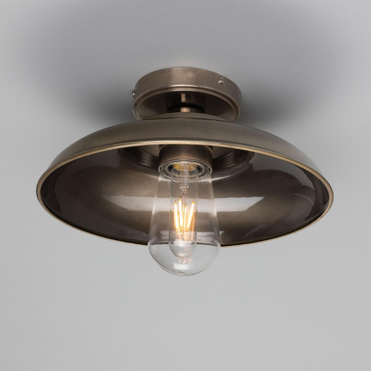 Darya 32cm IP65 Industrial Brass Ceiling Light in Antique Silver with Clear Glass