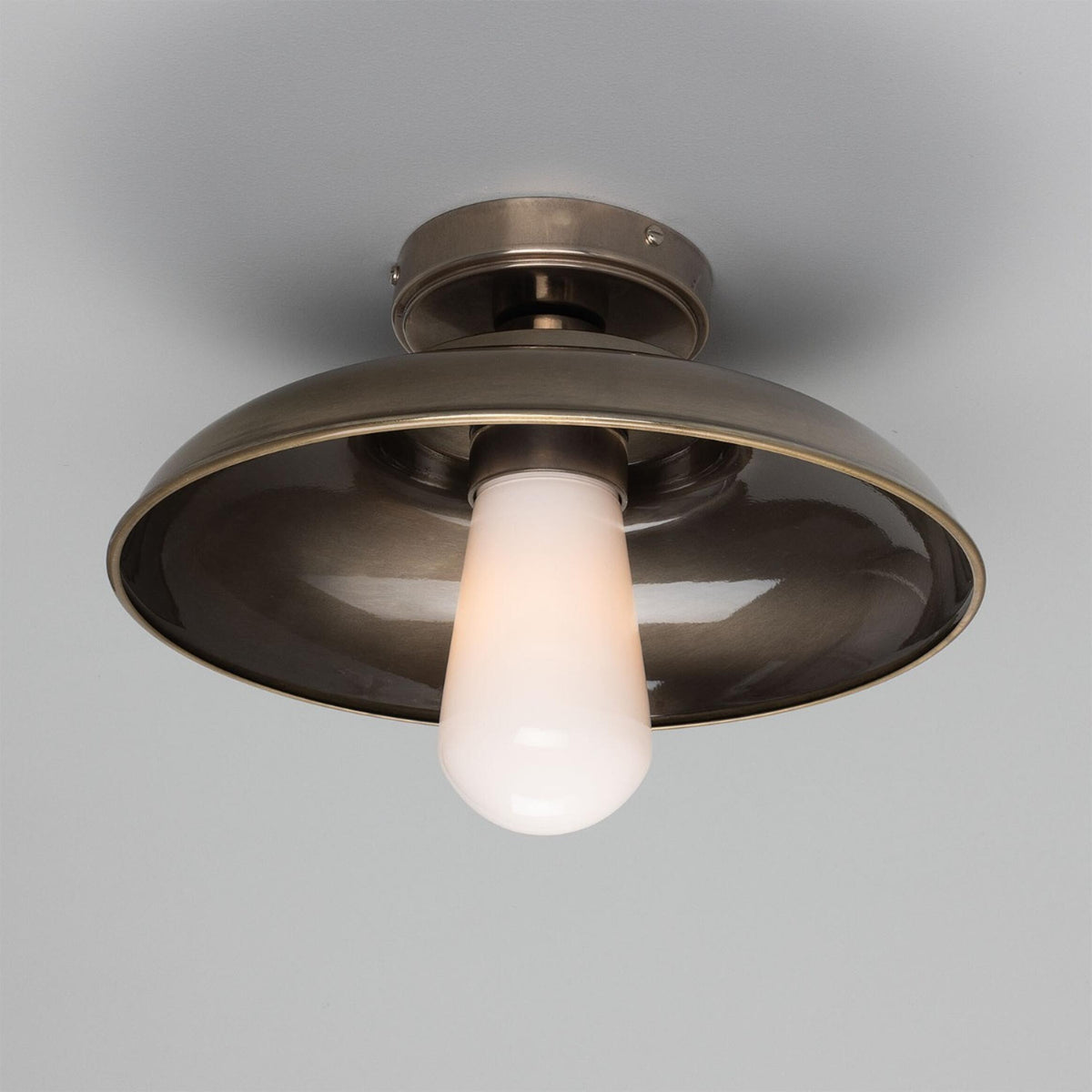 Mullan Darya industrial brass ceiling light in antique silver with opal glass bulb