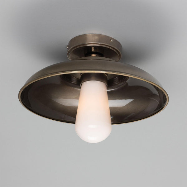 Mullan Darya industrial brass ceiling light in antique silver with opal glass bulb