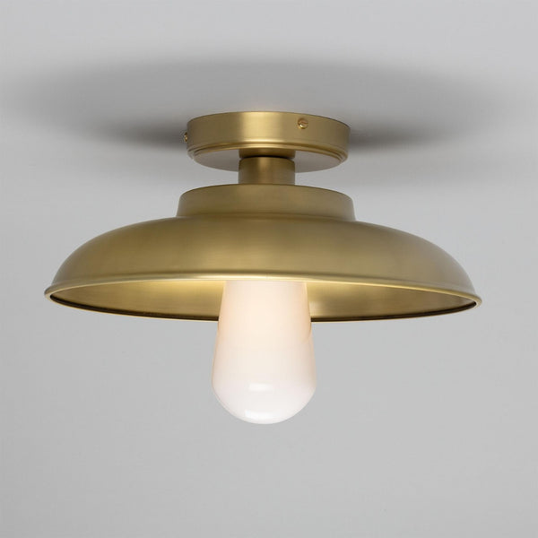 Darya 32cm IP65 Industrial Brass Ceiling Light in Satin Brass with Opal Glass