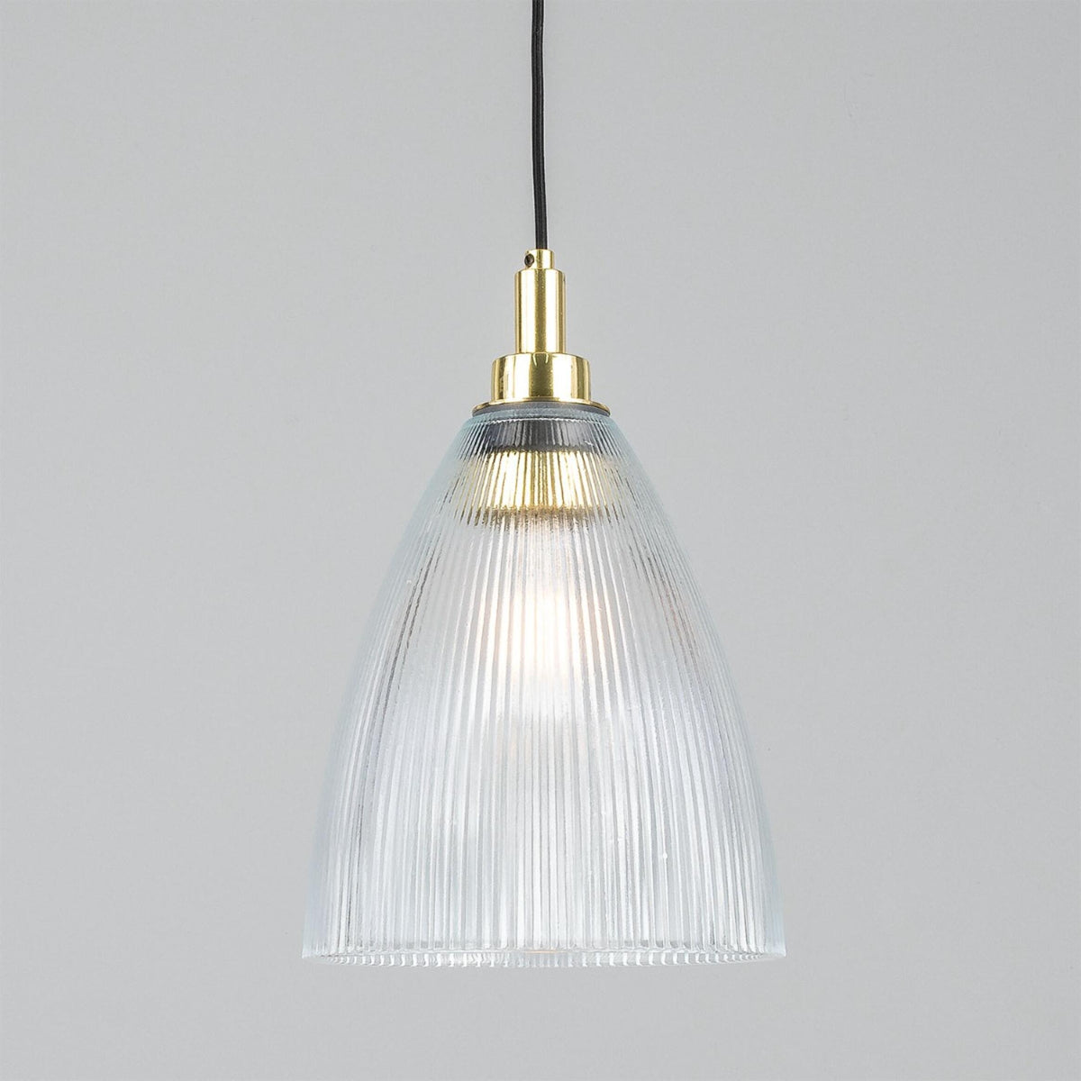 Mullan Brooke IP65 20cm pendant light with ribbed glass shade and polished brass detail