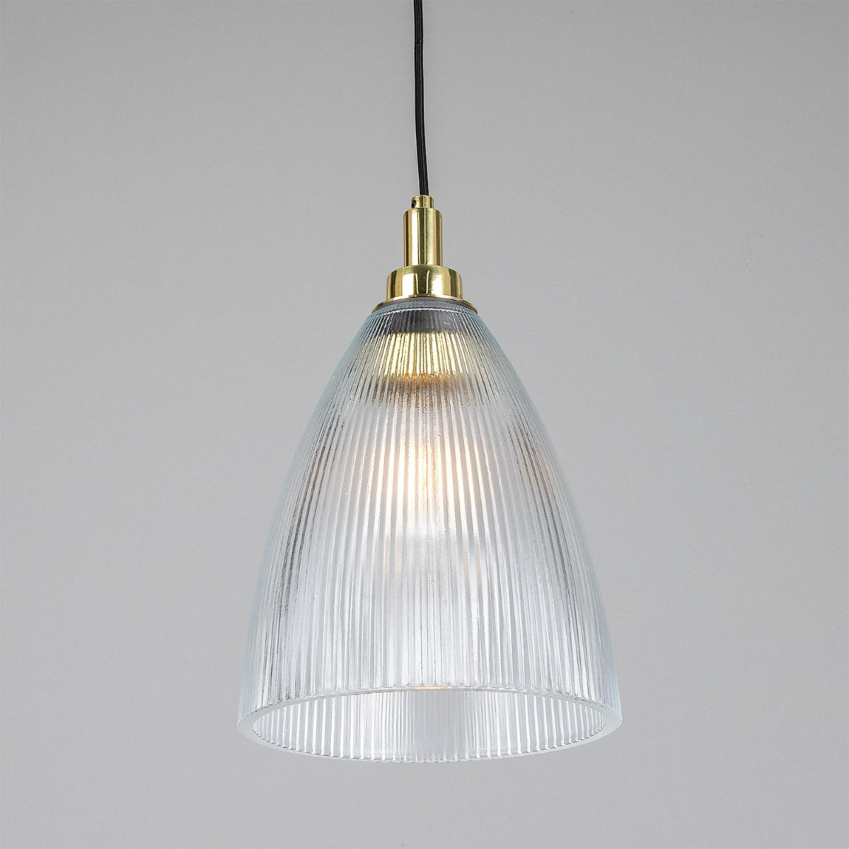 Mullan Brooke IP65 20cm pendant light with ribbed glass shade and polished brass detail