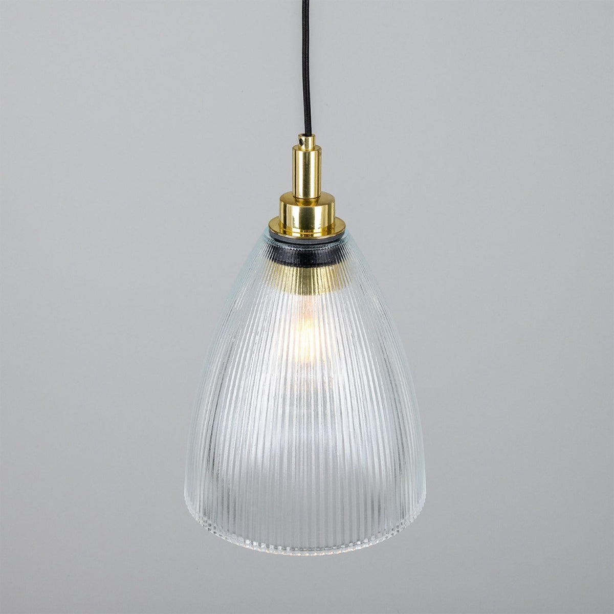 Mullan Brooke IP65 20cm pendant light with ribbed glass shade and polished brass detail