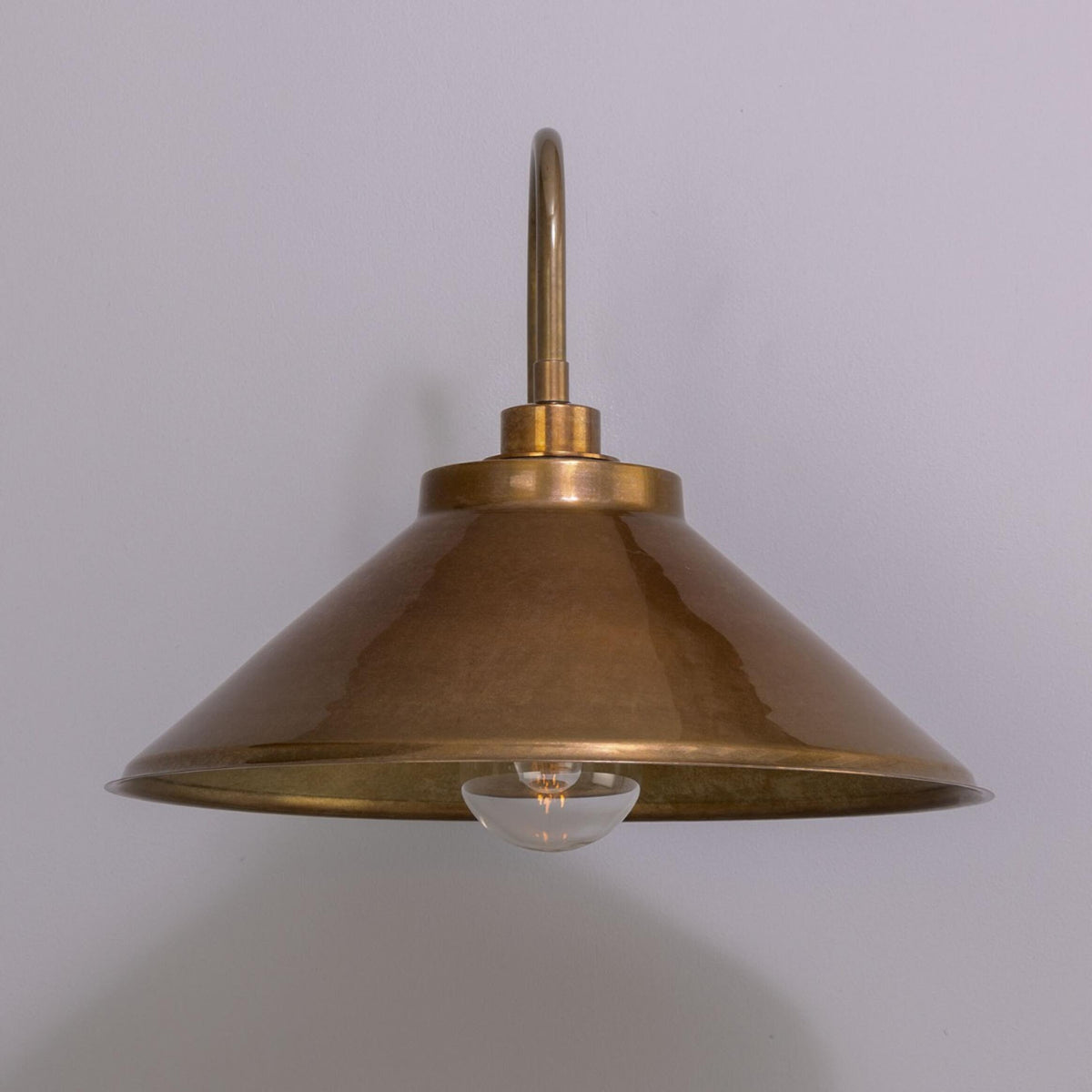 Nerissa IP65 Brass Swan Neck Bathroom Wall Light in Antique Brass and Clear Glass Shade