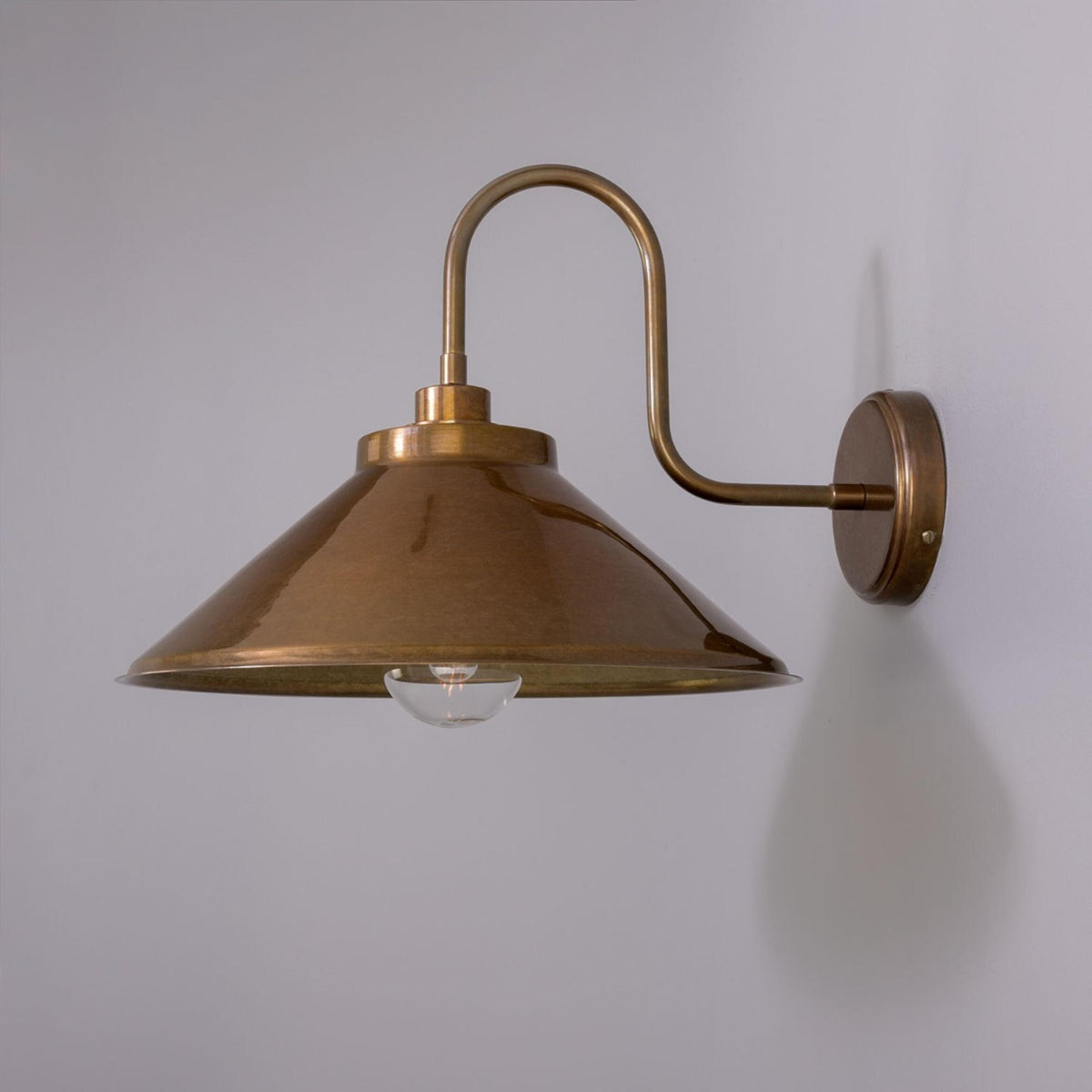 Nerissa IP65 Brass Swan Neck Bathroom Wall Light in Antique Brass and Clear Glass Shade