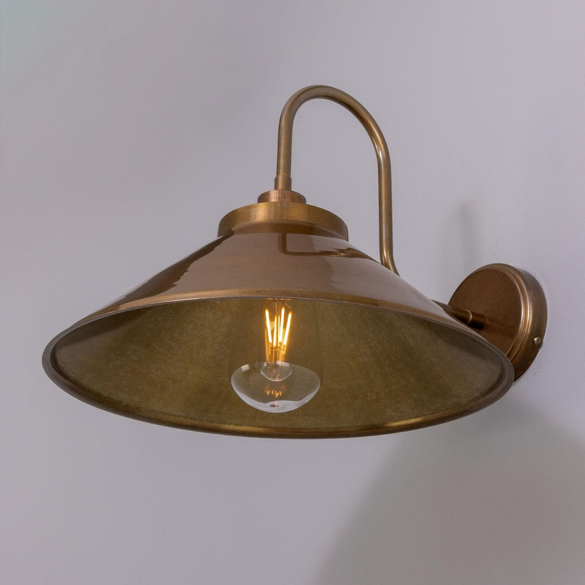 Nerissa IP65 Brass Swan Neck Bathroom Wall Light in Antique Brass and Clear Glass Shade