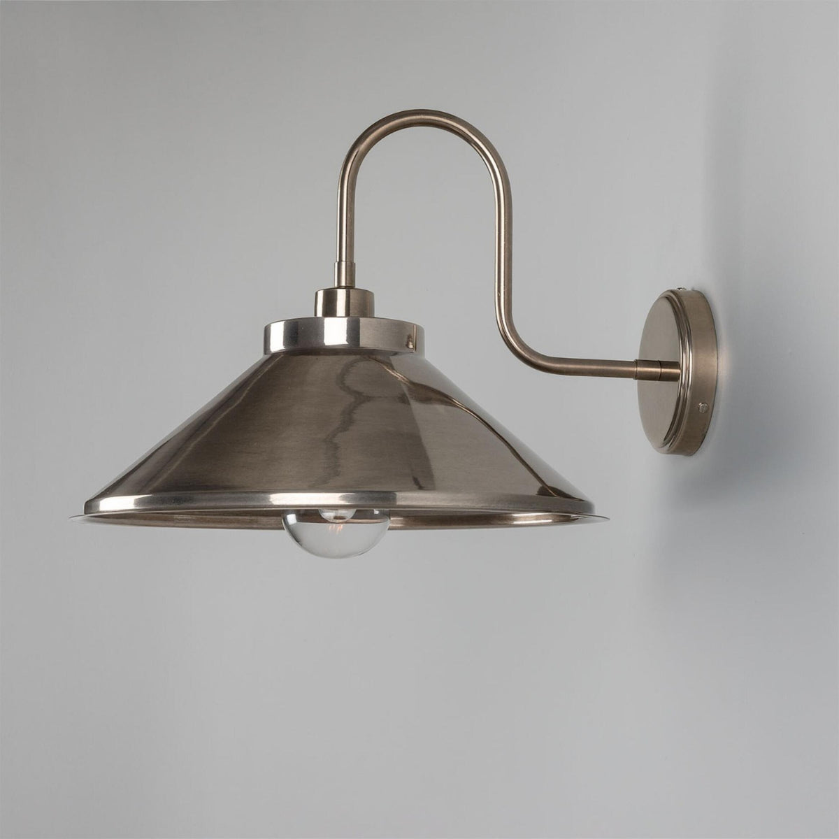 Nerissa IP65 Brass Swan Neck Bathroom Wall Light in Antique Silver and Clear Glass Shade