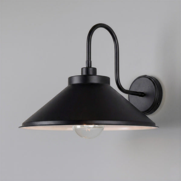 Mullan Nerissa IP65 brass swan neck bathroom wall light in matte black with clear glass shade