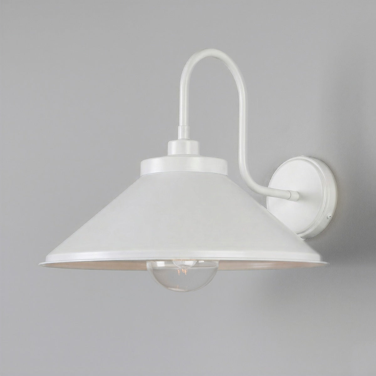 Mullan Nerissa IP65 brass swan neck bathroom wall light with white shade and clear glass bulb
