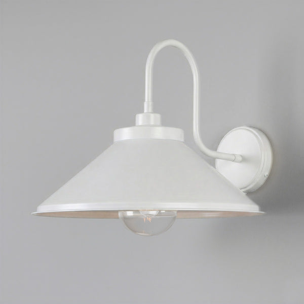 Mullan Nerissa IP65 brass swan neck bathroom wall light with white shade and clear glass bulb