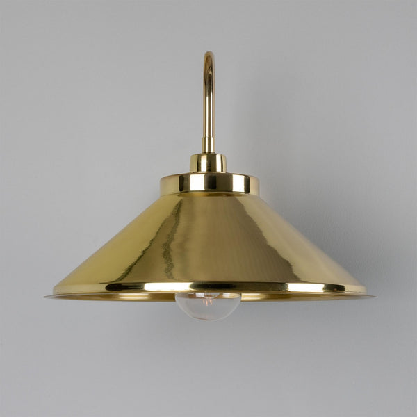 Mullan Nerissa IP65 brass swan neck bathroom wall light with polished brass shade and clear glass bulb