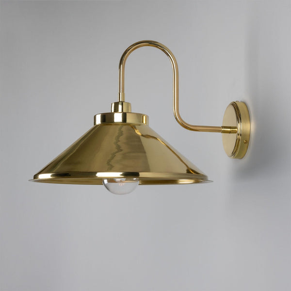 Mullan Nerissa IP65 brass swan neck bathroom wall light with polished brass finish and clear glass shade