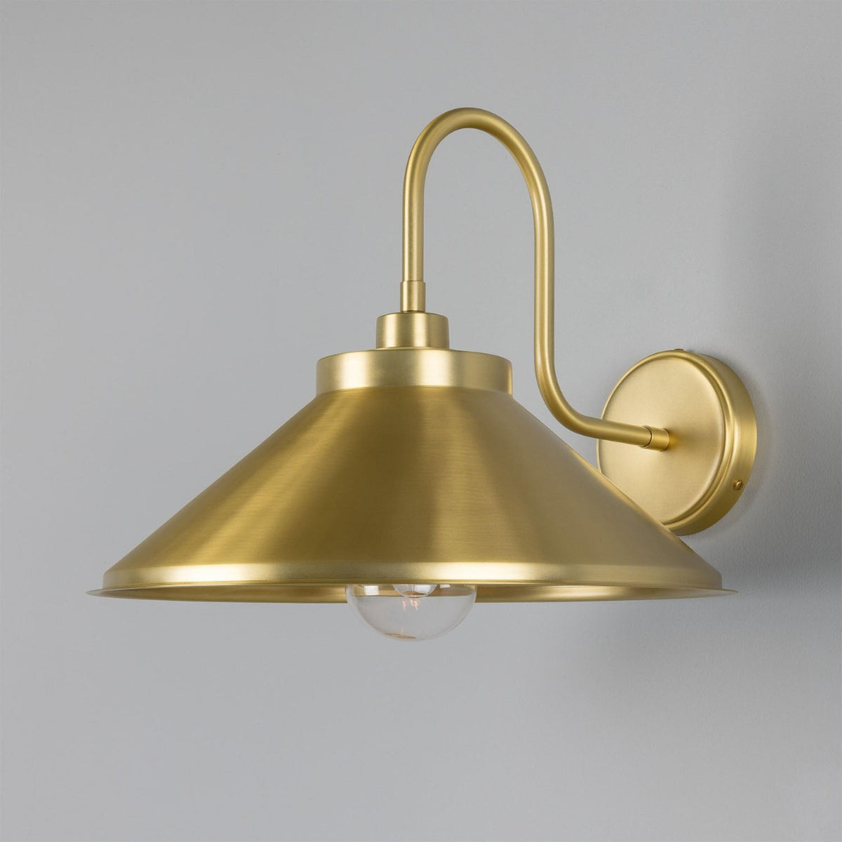 Nerissa IP65 Brass Swan Neck Bathroom Wall Light in Satin Brass and Clear Glass Shade